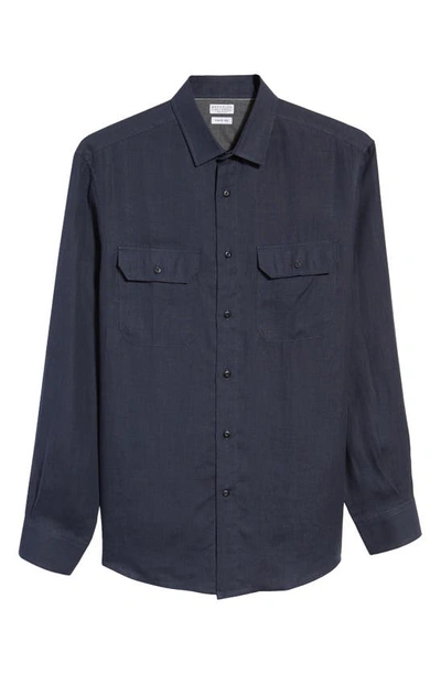 Shop Brunello Cucinelli Easy Fit Hemp Button-up Shirt In Blue