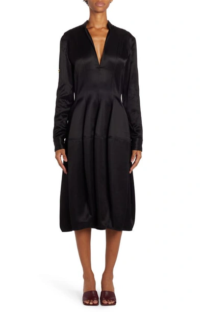 Shop Bottega Veneta Washed Twill Long Sleeve Fit & Flare Midi Dress In Black