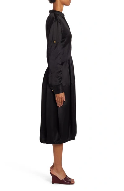 Shop Bottega Veneta Washed Twill Long Sleeve Fit & Flare Midi Dress In Black