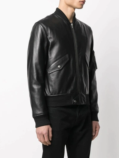 Shop Saint Laurent Men Leather Bomber Jacket In Black