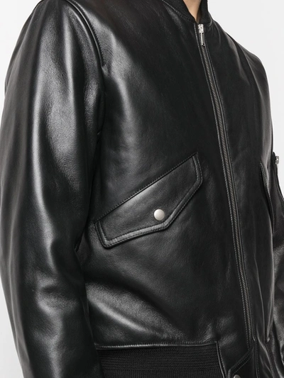 Shop Saint Laurent Men Leather Bomber Jacket In Black