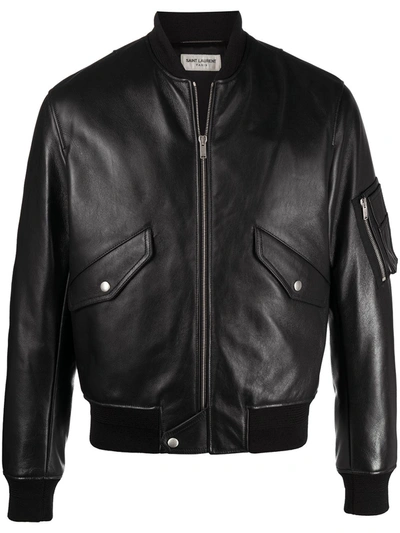 Shop Saint Laurent Men Leather Bomber Jacket In Black