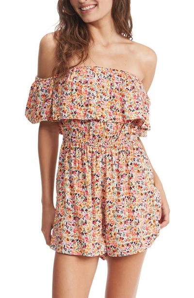 Shop Roxy Another Day Off The Shoulder Dot Print Romper In Pastel Rose Swept Up Floral