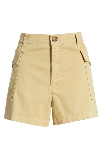Shop Frame High Waist Patch Pockets Utility Denim Shorts In Washed Tan