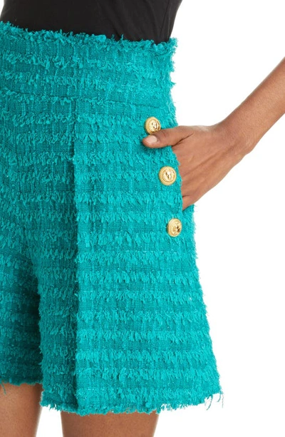 Shop Balmain Six-button Metallic Tweed Shorts In Emerald