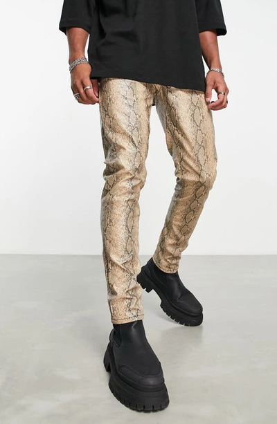Shop Asos Design Snake Print Embossed Faux Leather Skinny Jeans In Stone