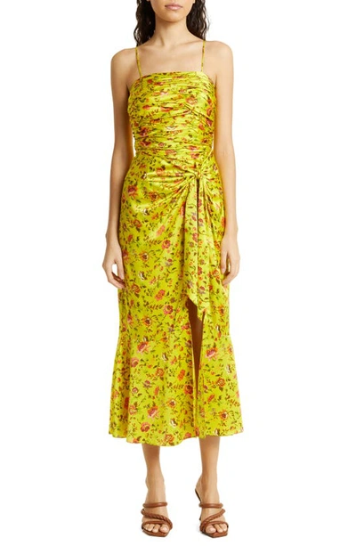 Cinq À Sept Cinq A Sept Provence Katz Ruched Floral Print Satin Midi Dress In Pomelo Multi