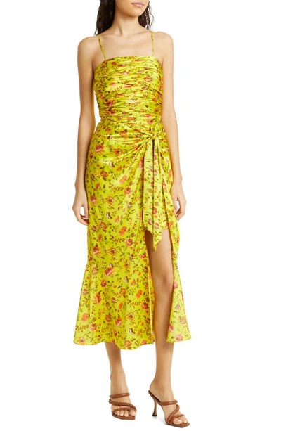 Cinq À Sept Cinq A Sept Provence Katz Ruched Floral Print Satin Midi Dress In Pomelo Multi