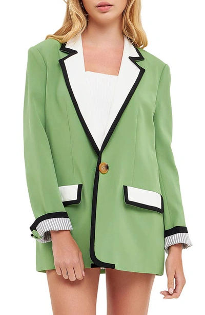 English Factory Binding Detail Drapey Blazer In Green Combo