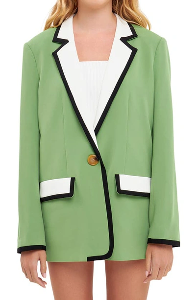 English Factory Binding Detail Drapey Blazer In Green Combo