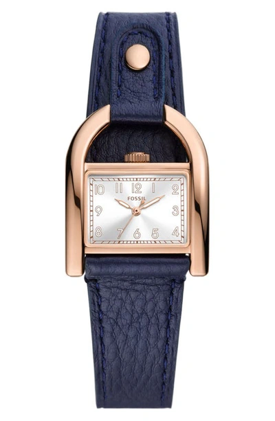 Shop Fossil Harwell East West Leather Strap Watch, 28mm In Navy / Rose Gold