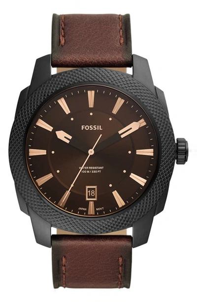 Shop Fossil Machine Leather Strap Watch, 49mm In Brown / Black