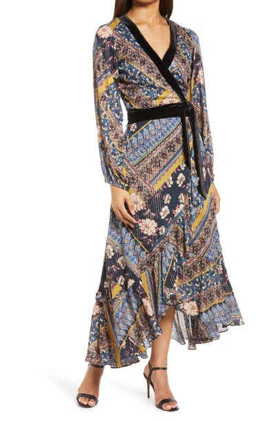 Shop Btfl-life Print Long Sleeve Wrap Maxi Dress In Blue Multi