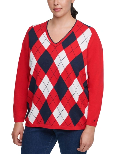 Shop Tommy Hilfiger Plus Womens Cotton Knit V-neck Sweater In Red