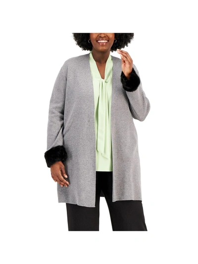Shop Kasper Plus Womens Faux Fur Trim Heathered Cardigan Sweater In Grey