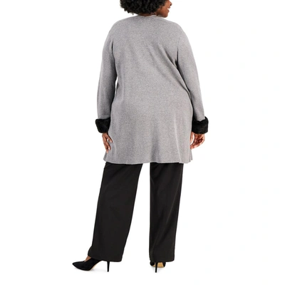 Shop Kasper Plus Womens Faux Fur Trim Heathered Cardigan Sweater In Grey