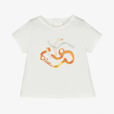 Shop Chloé Girls Ivory Cotton Ribbon Logo T-shirt