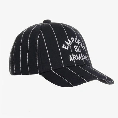 Shop Emporio Armani Boys Navy Blue Pin Stripe Logo Cap