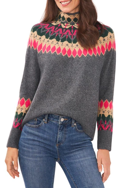 Shop Cece Fair Isle Funnel Neck Sweater In Medium Heather Grey