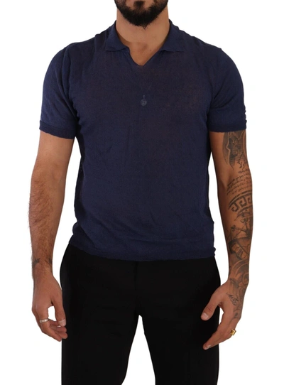 Shop Daniele Alessandrini Navy Blue Linen Collared Men's T-shirt