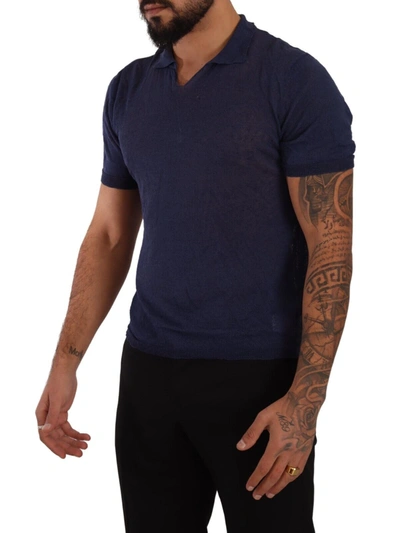 Shop Daniele Alessandrini Navy Blue Linen Collared Men's T-shirt