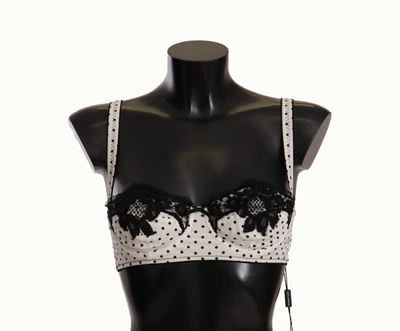 Shop Dolce & Gabbana White Black Polka Dot Satin Lace Balconette Women's Bra