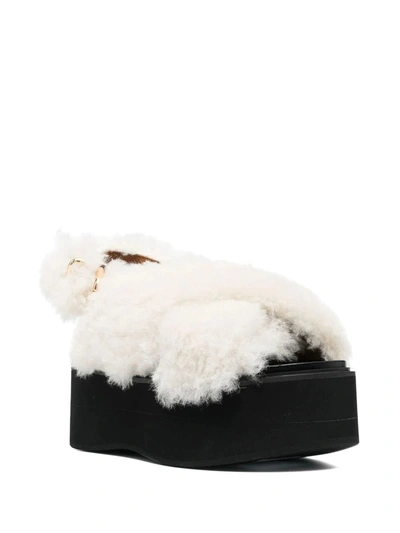 Shop Marni Women Fussbett Shearling Wedge Crisscross Sandals In Natural White