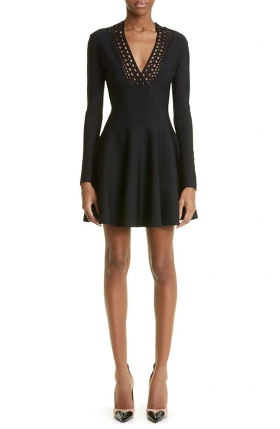 Shop Alaïa Vienne Cutout V-neck Long Sleeve Skater Dress In Noir Alaia