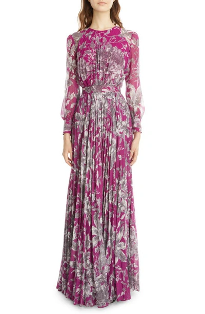 Shop Erdem Lindsay Pleated Belted Floral Print Long Sleeve Gown In Purple/ White