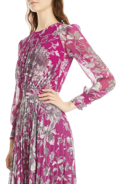 Shop Erdem Lindsay Pleated Belted Floral Print Long Sleeve Gown In Purple/ White