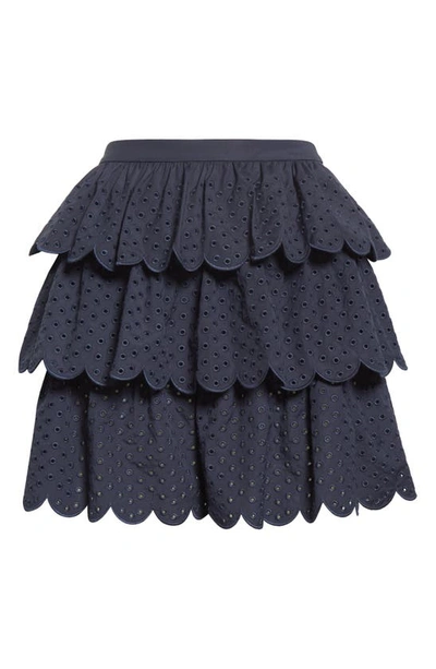 Shop Jason Wu Scallop Tiered Cotton Blend Eyelet Skirt In Navy
