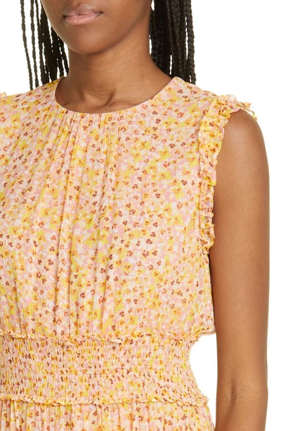 Shop Jason Wu Floral Print Smocked Waist Silk Chiffon Dress In Pink / Lemon Multi