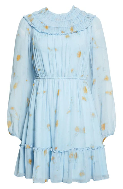 Shop Jason Wu Print Smocked Long Sleeve Silk Minidress In Robin Blue Multi