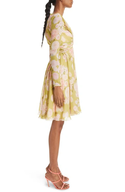 Shop Giambattista Valli Dahlia Print Long Sleeve Silk Georgette A-line Dress In Green/ Multi