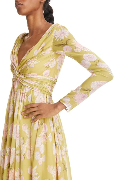 Shop Giambattista Valli Dahlia Print Long Sleeve Silk Georgette A-line Dress In Green/ Multi