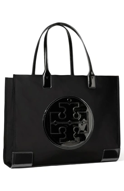 Tory Burch Small Ella Shopping Bag In Recycled Fabric With Front Logo In Black