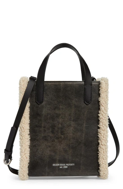Shop Golden Goose Mini California North/south Leather & Genuine Shearling Tote In Black/ Natural White