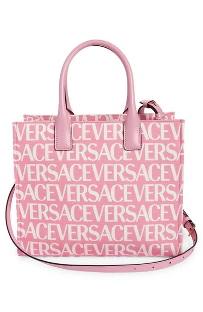 Shop Versace Small La Medusa Canvas Tote In Baby Pink/ White/  Gold