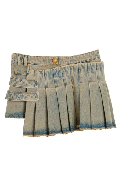 Shop Balmain Vintage Denim Kilted Miniskirt In Sanded Blue Jean
