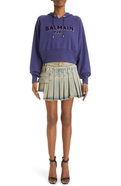 Shop Balmain Vintage Denim Kilted Miniskirt In Sanded Blue Jean