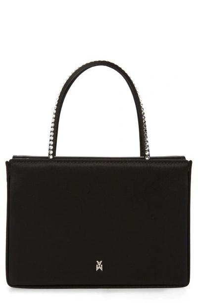 Shop Amina Muaddi Amini Gilda Leather Top Handle Bag In Satin Black And White Crystals