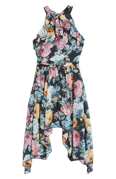 Shop Ava & Yelly Kids' Floral Sleeveless Asymmetric Dress In Navy