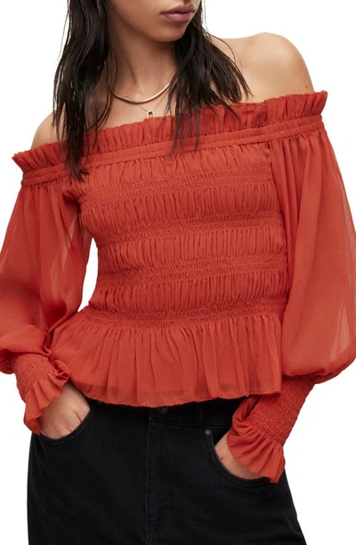 Shop Allsaints Lara Shirred Off-the-shoulder Peplum Top In Red Clay