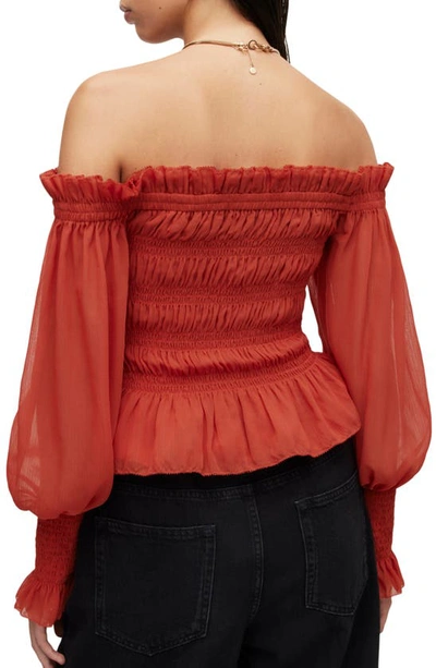 Allsaints Lara Shirred Off-the-shoulder Peplum Top In Red Clay