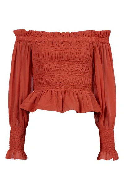 Shop Allsaints Lara Shirred Off-the-shoulder Peplum Top In Red Clay