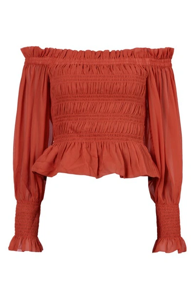 Allsaints Lara Shirred Off-the-shoulder Peplum Top In Red Clay