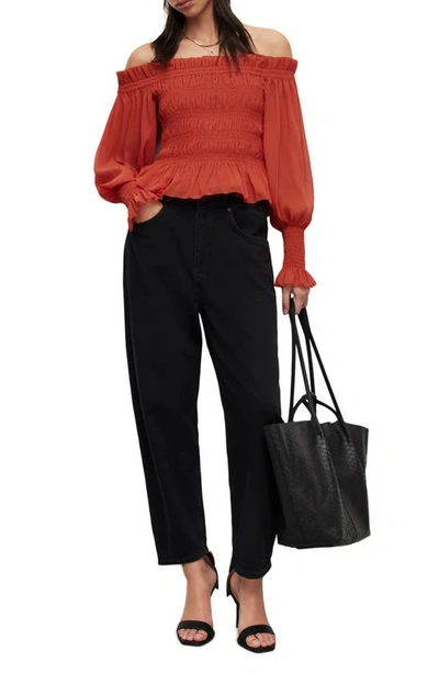 Allsaints Lara Shirred Off-the-shoulder Peplum Top In Red Clay