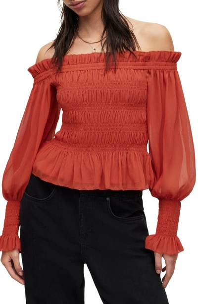 Shop Allsaints Lara Shirred Off-the-shoulder Peplum Top In Red Clay