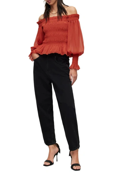 Allsaints Lara Shirred Off-the-shoulder Peplum Top In Red Clay