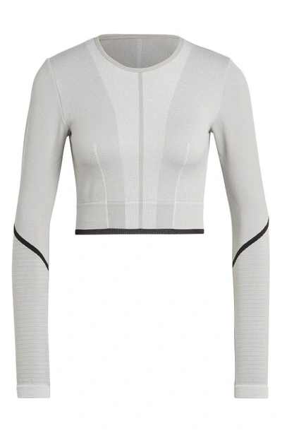 Shop Adidas By Stella Mccartney Truestrength Seamless Open Back Yoga Crop Top In Mgh Solid Grey/ White/ Black